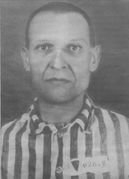 Auschwitz detainee Ignacy Kwarta wears a red P-triangle, meaning a Polish political enemy.