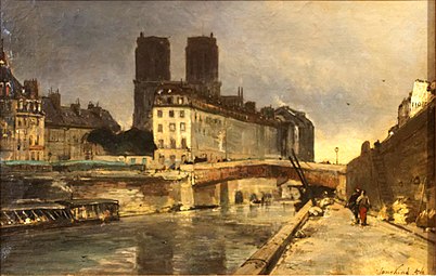 Notre-Dame de Paris vue du quai Saint-Michel avec le Petit Pont. Johan Barthold Jongkind, 1854. Musée du Louvre.