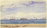 Painting of ships and the beach in Port Melbourne, Victoria