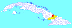 Manatí municipality (red) within Las Tunas Province (yellow) and Cuba