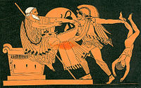 An ancient Greek painting of a man in armor charging a throne where another man is seated