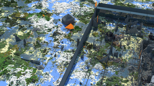 A render of 2b2t's spawn region as of late 2017, displaying the various layers of spawn with progressive destruction proceeding inwards toward the center of the world. The render displays the -X (western) axis of the world map from 400 to 3,000 blocks from the map's center.