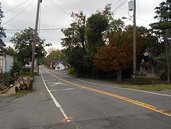 The center of Three Bridges, seen from the Norfolk Southern Railway's Lehigh Line (former Lehigh Valley Railroad main line) tracks in August 2014