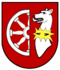 Sindolsheim - "Gules, in dexter a Demi-Wheel of eight spokes Argent, in sinister the hind part of a Dog Argent with Ruff rayonny Or."