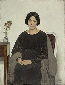 Painted portrait of Yvonne Diéterle sitting in a chair, wearing dark-colored, loose-fitting clothes