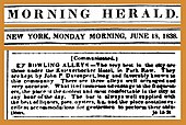 To project a classy image, this 1838 New York newspaper ad for the Knickerbocker Hotel's three bowling alleys boasted "excellent accommodations" and appealed to "gentlemen to perform their ablutions".[2]