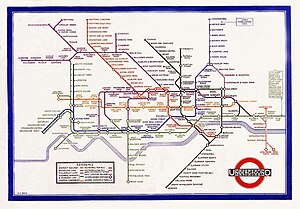 Erste im Fahrgasteinsatz verwendete Version der schematischen Tube map von Harry Beck (1933); bis heute Grundlage des Netzplans der Underground