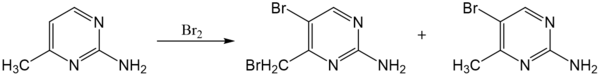 2-氨基-4-甲基嘧啶的溴化反應，產生兩種溴代產物2-氨基-5-溴-4-甲基嘧啶和2-氨基-5-溴-4-溴甲基嘧啶。