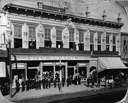 City of Paris department store, north of Phillips Block and south of Temple, sometime between 1883–1890. Note the cable car which ran 1885–1902.
