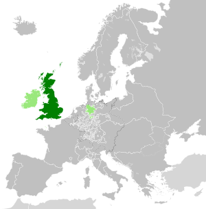 1789년 영국의 위치(짙은 녹색); 아일랜드, 채널 제도, 맨 섬, 하노버의 위치(연두색)