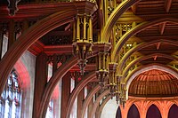 The ornamented pendants[13] in the Great Hall of the Wills Memorial Building (University of Bristol), completed in 1925, bombed in 1940 and restored in the 1960s