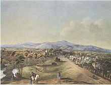 Painting of a town near a river with woodlands and hills in the background