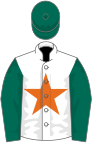 White, orange star, dark green sleeves and cap