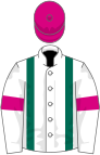 White, dark green braces, white sleeves, cerise armlets, cerise cap