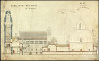 A drafted architectural section of the original Centre Block, showing the Victoria Tower at the far left, and the Library of Parliament to the right