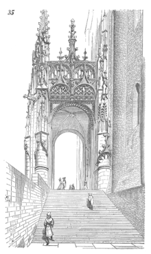 Dessin noir et blanc d'un escalier entre un mur à gauche et la cathédrale à droite, montant vers un porche en pierre très ouvragé de style gothique.