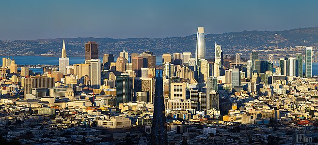 Panorama of San Francisco at sunset, centered around Market St.