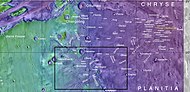 Map showing relative positions of several channel systems in the Lunae Palus quadrangle, including the Vedra Valles, Maumee Valles, and Maja Valles. Box indicates their location; colors designate elevation.