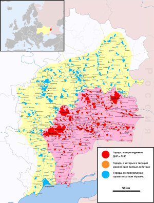 карта боевых действий в Донбассе (до 24 февраля 2022) Красным — территории, контролируемые ДНР и ЛНР, жёлтым — территории, контролируемые Украиной