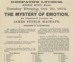Redpath's Lyceum. Boston Music Hall, Tuesday evening, Oct. 20, 1874. The mystery of emotion, an illustrated lecture by James Steele MacKaye.