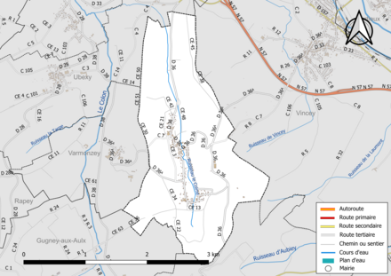 Carte en couleur présentant le réseau hydrographique de la commune