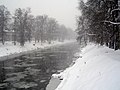 Inverno a Český Těšín. L'Olza è visto dalla riva ceca.