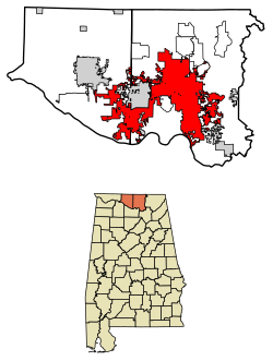 Location of Huntsville in Limestone County and Madison County, Alabama