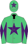 Emerald green, purple star, diabolo on sleeves, purple star on cap