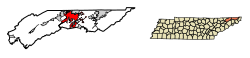Location of Kingsport in Sullivan and Hawkins counties, Tennessee