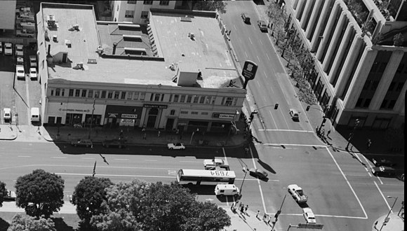 The c.1927 two -story commercial block with the Security Pacific branch, seen from the City Hall tower