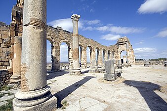 Interior view of a ruined colonnaded building showing the interior columns