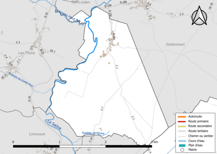 Carte en couleur présentant le réseau hydrographique de la commune