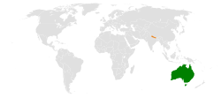 Map indicating locations of Australia and Nepal