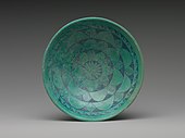 Ancient Egyptian bowl; 200–150 BC; faience; 4.8 × 16.9 cm (1.9 × 6.7 in); Metropolitan Museum of Art (New York City)