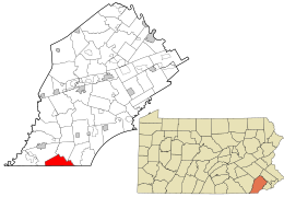 Location of Elk Township in Chester County (left) and of Chester County in Pennsylvania (right)