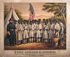 Print shows a Civil War recruiting poster for African-Americans with the caption, "Come And Join Us Brothers".