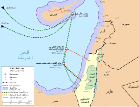 اللون الأخضر يوضح مسار سفن الأسطول والبرتقالي يوضح مسار البحرية الإسرائيلية.