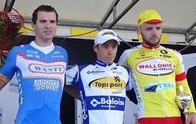 Podium de l'édition 2014 de la Flèche côtière : Roy Jans (3e), Michael Van Staeyen (1er) et Robin Stenuit (2e).