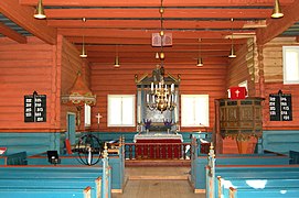 Flesberg Stave Church (12th century), interior log building enlargement to cruciform (1735)