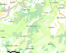 Carte élémentaire montrant les limites de la commune, les communes voisines, les zones de végétation et les routes