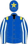 Royal blue, yellow epaulets, royal blue and white striped sleeves, royal blue cap, yellow star