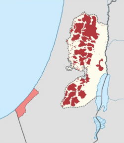 The Palestinian Authority (current de facto control in red) was created to exert partial civil control in the West Bank enclaves and in the Gaza Strip.[2] The Gaza Strip (in light red) is de jure under the Palestinian Authority[3] and de facto under the administration of the Hamas government since 2007.