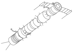 Diseño teórico de la Soyuz A-B-C. El dibujo muestra la Soyuz-A (derecha), Soyuz-B, y Soyuz-C (izquierda)