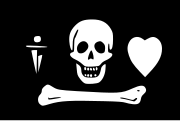 Traditional depiction of Stede Bonnet's flag, though Bonnet was only described in trial documents as having flown a "death's head".[31]