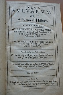 Front page text of the book Sylva Sylvarum, with black text on a white page