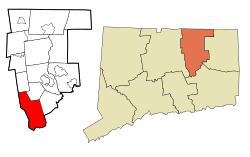 Hebron's location within Tolland County and Connecticut