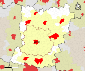 Localisation de l'aire d'attraction de Laval dans le département de la Mayenne.