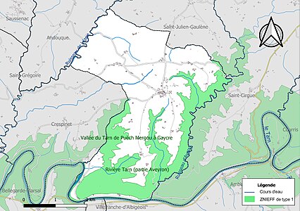 Carte des ZNIEFF de type 1 sur la commune.