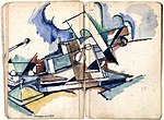 André Mare's Cubist sketch, c. 1917, of a 280 calibre gun illustrates the interplay of art and war, as artists like Mare contributed their skills as wartime camoufleurs.