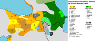 Localisation des dialectes de l'arménien en 1909. L'arménien occidental est en jaune sur la carte.